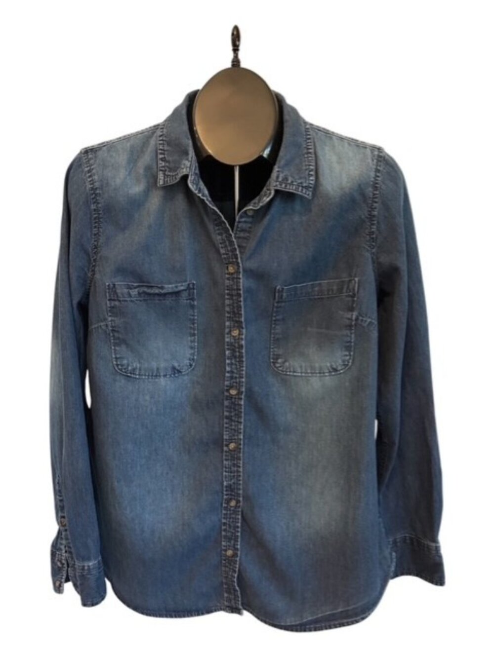 Merona Blue Denim Button Down Shirt Women's L Long Sleeve 100% Cotton